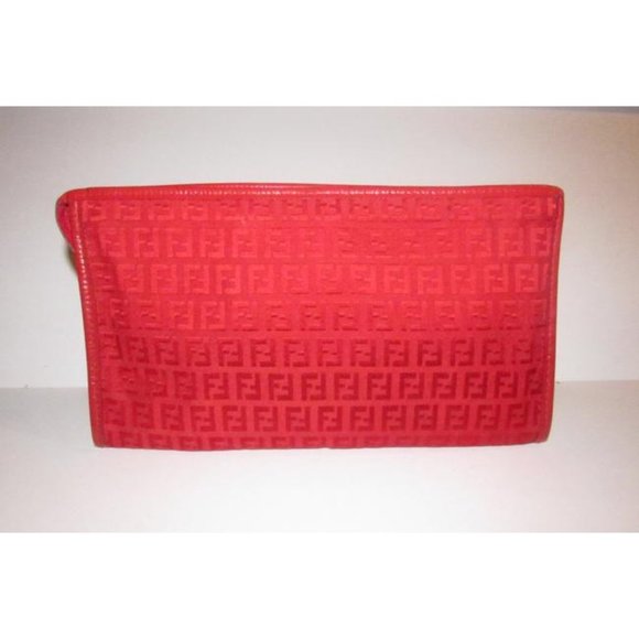 Fendi Smalll F Logo Make Up Red Zucchino Print Canvas And Leather Clutch - Picture 9 of 11